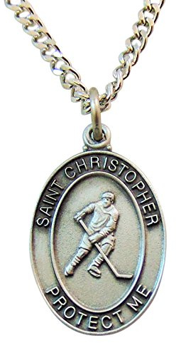 St. Christopher Pewter Boys or Mens Hockey Sports Medal with 24 Chain.
