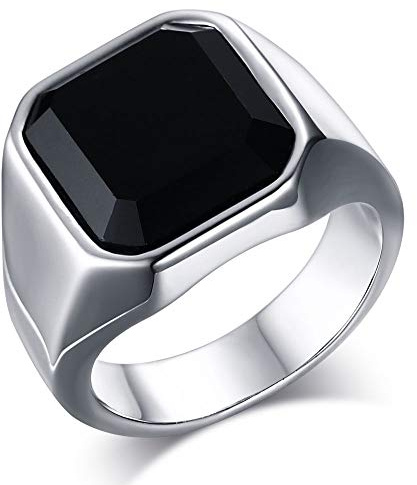 MEALGUET Jewelry Fashion Stainless Steel Signet Ring with Black Agate for Men, Size 11