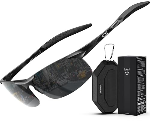 ATTCL Polarized Sunglasses for Men Sports: UV Protection Anti Glare Wrap Around Lightweight Metal Sun Glasses Driving Fishing Golf Running 8177 black-gray