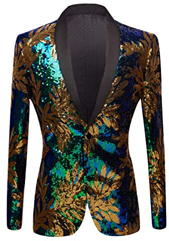 PYJTRL Men Green Blue Gold Leaves Pattern Sequins Blazer (Blue, XS)
