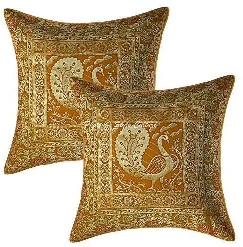 Stylo Culture Ethnico Funda Almohadon Decorativos 40x40 cm Brocado De Seda Pavo Real Fundas para Almohadones Sofa Amarillo Mostaza Jacquard Cuadrado Cremallera Fundas De Almohadones para Cama - 2 Pcs