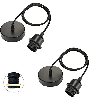 Linkind Portalámpara E27 de Metal Para Lámparas Colgante, Casquillos para Bombillas con Cable Ajustable 100 cm, Compatible con Pantalla de Lámpara de Techo,2 unidades, (Negro)