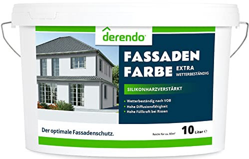 derendo Fassadenfarbe grau 10l mit EXTRA hohem Wetterschutz, matte silikonharzverstärkte Fassaden Farbe, hohe Deckkraft und gute Füllkraft bei kleinen Rissen (Lichtgrau 15-16)