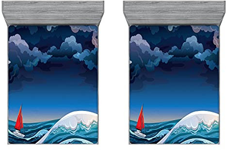 ABAKUHAUS Segelboot 2er-Satz Spannbetttuch, Nacht Seascape Boot, Soft Dekorativer Stoff Bettwäsche Rund-um Elastischer Gummizug, 180 cm x 200 cm, Petrol Blau Teal