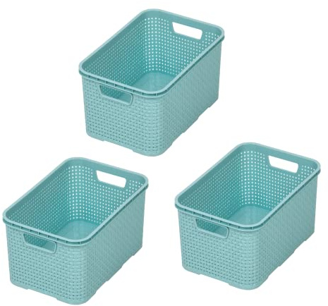 BranQ - Home essential Korb in Rattan Design 3er Set Grösse S 7l, BPA-frei Kunststoff PP, Minze, 28,5x19,5x12,9 cm, 3 Stk.