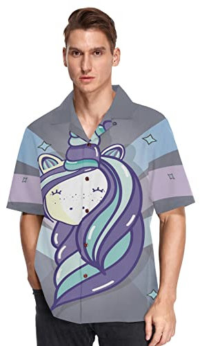KAAVIYO Zauberstern Einhorn Camisa Hawaiana para Hombre Manga Corta Informal Con Botones Pantalones Cortos de Playa