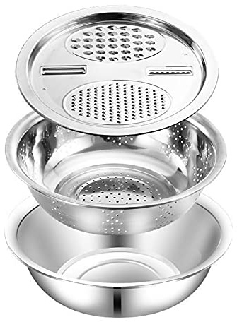 Multifunctional Kitchen Grater, Stainless Steel Colander Set for Cheese Grater, Vegetables Cutter and Fruits Washing,with Mixing Bowl & Drainer (3 in 1) (26CM)