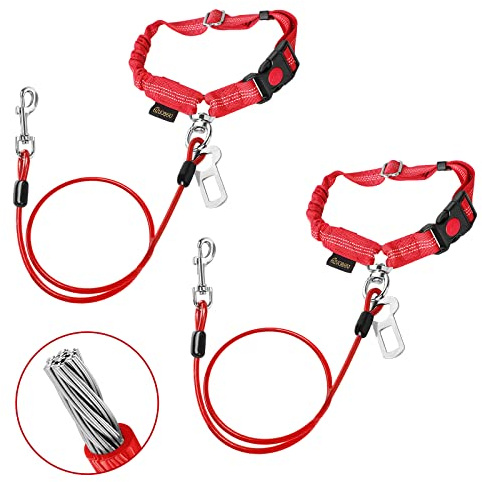 CHZUOBER Chew Proof Dog Car Seat Belt, 2 in 1 Steel Cable Dog Car Accessories Headrest Restraint Dogs Car Seatbelt for Medium Large Dogs Chewer Heavy Duty Doggie Seatbelts for Cars Swivel Attach