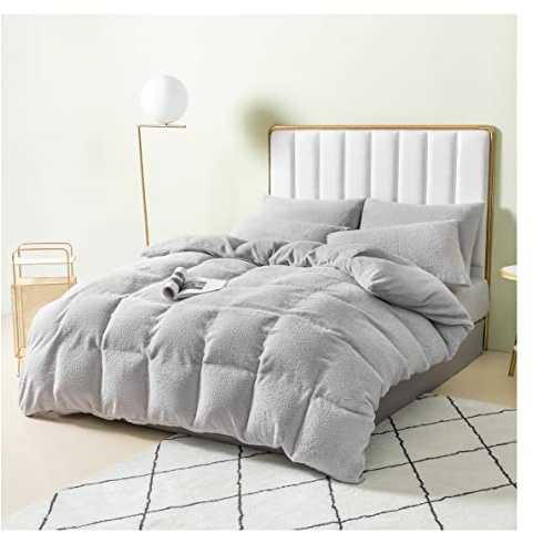Single - Plain Teddy Fleece Duvet cover set - Matching Pillowcase - Light Grey color - Thermal warm & Cozy Super Soft Bedding Set