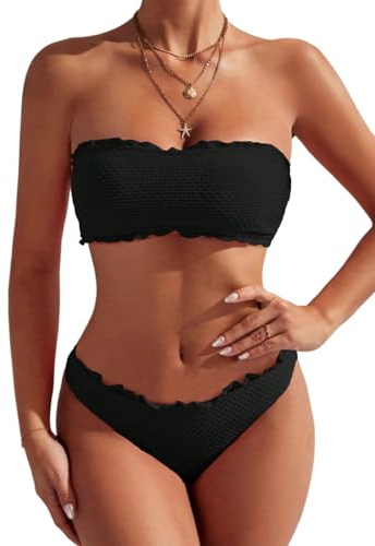 GORGLITTER Bikini damset bikini axelbandslös bandeau bikini med vågsöm bikiniset tvådelad baddräkt badkläder baddräkt, svart, XL