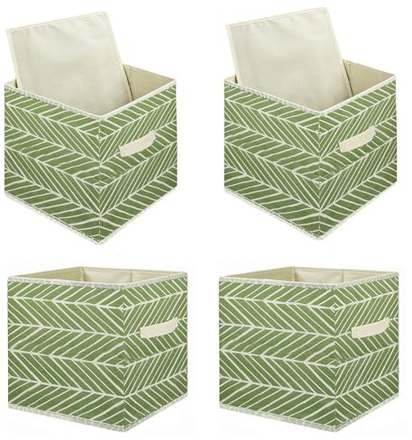 Holdfiturn 4Pcs Cube Storage Boxes 28x28x28cm Foldable Kallax Storage Cubes with Handles Collapsible Baskets Toy Bins Fabric Organisiers Containers for Kallax Unit Shelf (Light Green)