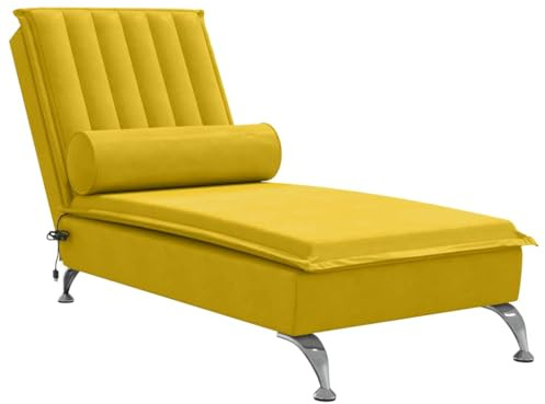 vidaXL Massage Chaiselongue mit Nackenrolle, Liegesessel mit Sperrholzlatten Metallbeine, Relaxliege für Wohnzimmer, Liegestuhl, Gelb Samt