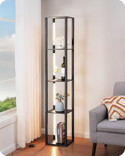 EDISHINE Lampada da Terra Soggiorno con Ripiani in Legno, 3 Temperature di Colore, Dimmerabile in Continuo, LED Asta Rotante a 360°, Scaffale Angolare con Lampada per Soggiorno, Camera, Ufficio, Nero