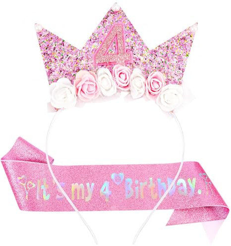 Moguri Juego de 2 piezas de cumpleaños para niñas, corona de cumpleaños rosa y banda de purpurina, decoración de cumpleaños de princesa, corona de niña con flores, accesorios de cumpleaños