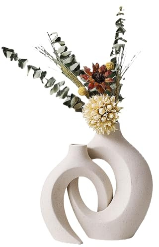 YENTAKE Keramische Vase, 2er Set Beige Moderne Dekorative Vase, Vasen Matt Deko für Pampasgras, Blume und Getrocknete Blume, Weiße Blumenvasen aus Keramik für Wohnungsdeko, Büro, Hochzeits