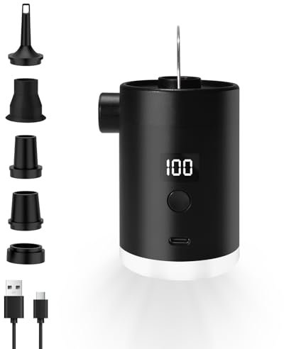 Portable Air Pump for Inflatables: 4000mAh Type-C Rechargeable Battery Ultra-Light Quick Inflate Deflate Electric Air Pumps with Camping Lantern for Pool Floats Air Bed Vacuum Storage Bags (Black)