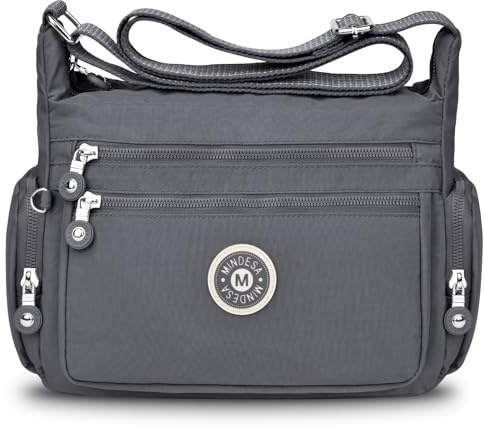 JUYANO Umhängetasche Damen Groß Wasserdicht Crossbody Bag, Nylon Mittelgroß Handtaschen Damen Leichte Tasche mit Vielen Fächern Verstellbarer Breiter Gurt für Ausgehen Reisen Arbeit(Grau)