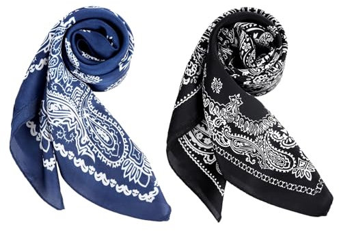 DAMILY 2 Stück Bandana Herren Kopftuch, Seidig Vintage Bandana Damen und Herren Set, Farbig Kopf Square Schal Satin Kopftuch 70 x 70cm (Navy/Schwarz)