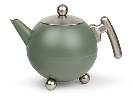 Bredemeijer große Kugelkanne 1.2 Liter - armee-grüne Teekanne aus doppelwandigem Edelstahl - für längeren, warmen Teegenuss