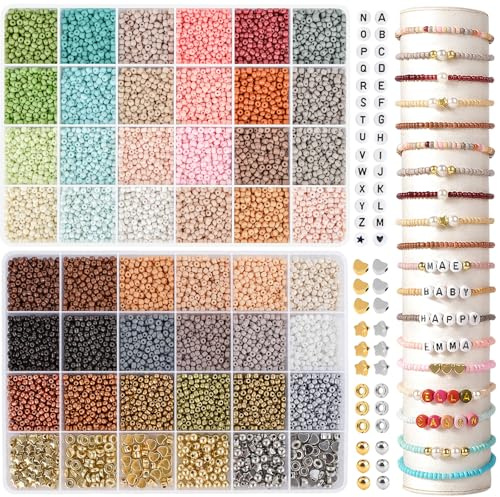 RUBY 3mm Perlen für Armbänder,48 Farbe Bunte Morandi Glasperlen zum Auffädeln, Bastbeln Perlen zum Auffädeln mit 200 Schwarze Buchstabenperlen für DIY Geschenkidee