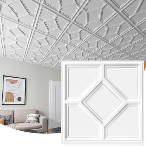 WOWSTAR 12 Pack 24in x 24 in Hanging Ceiling Tiles, 3D Decorative Self-Adhesive Ceiling Tiles, White | PVC ceiling panels, 24x24, waterproof, glue-up install, basement kitchen bathroom, 12-pack