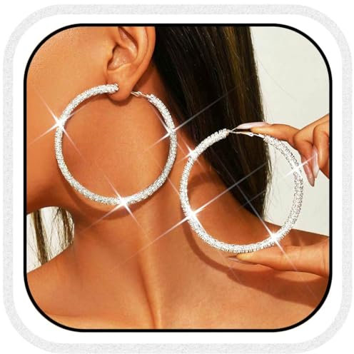 Atigy Strass Creolen für Braut jungfern silber farben funkelnde Hochzeits ohrringe große Creolen Schmuck für Frauen (Silber)