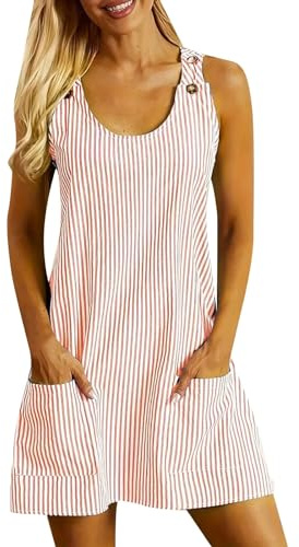 Women's Striped Summer Dress, Sleeveless Beach Dress with Buttons Straps U-Neck Mini Casual Classic Simple Comfortable Chic and Elegant Everyday Dress