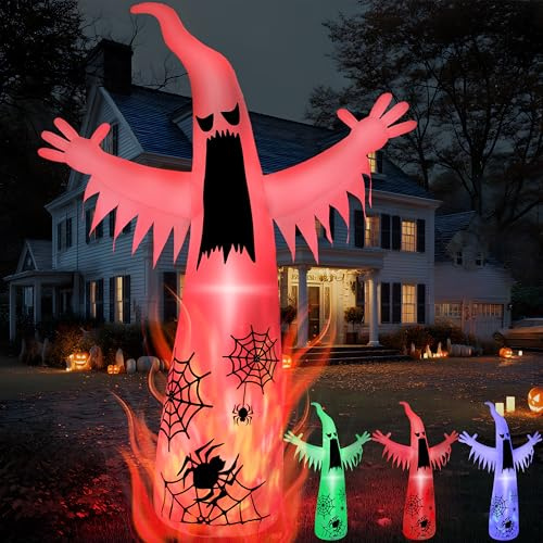 Joiedomi 12 Fuß aufblasbarer Halloween-Geist, riesige Außendekoration, aufblasbarer Halloween-Geist, Gartendekoration mit 3-farbigem blinkendem Flammenlicht für gruselige Rasenparty-Dekoration