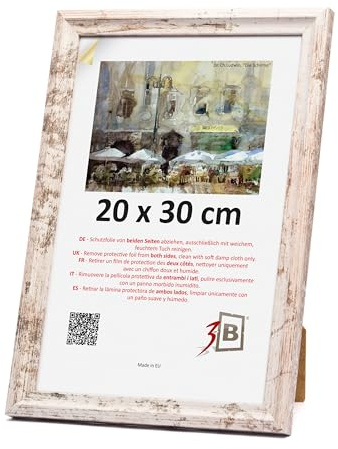 3-B Bilderrahmen MORI - Vintage-Weiß (Rustical mit sichtbarer Holzmaserung) - 20x30 cm - Holzrahmen, Fotorahmen, Portraitrahmen mit Acrylglas