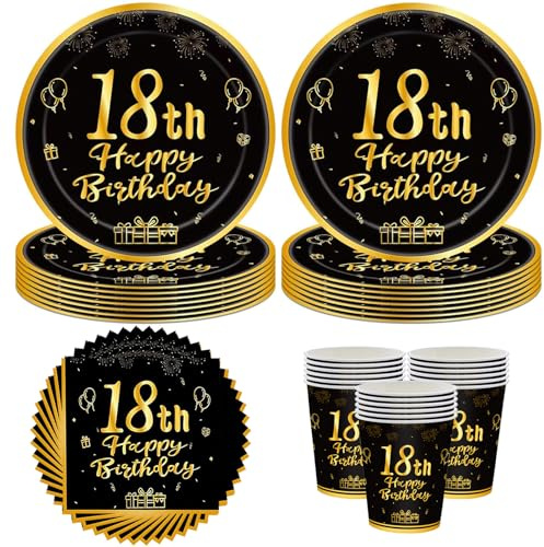 60 Stück 18.Geburtstag Partygeschirr,18 Geburtstagsdeko Partygeschirr Set,18. Geburtstag Partygeschirr Set,18th Schwarz und Gold Party Geschirr Set,Pappteller Becher,Servietten für 20 Gäste