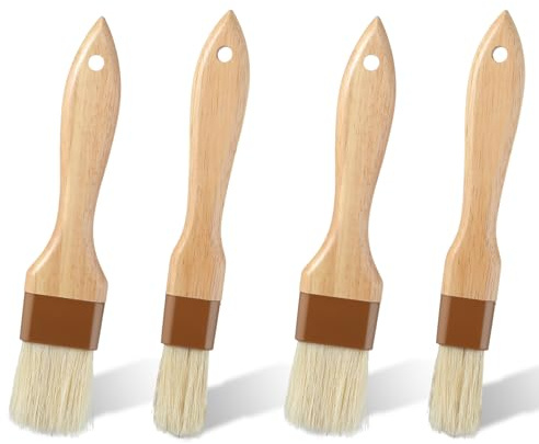 4 Pcs Natural Bristle Pastry Brush, Beech Wooden Handle Basting and Food Grade BBQ Basting Brushes for Cooking Butter Oil Marinade Grilling & Baking Kitchen Food Brush (1 inch & 1.5 inch)