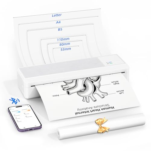 LFPERT Imprimante Thermique, Imprimante Portable A4 et Léger sans Encre, Connexion Bluetooth, Multi-formats Papier 216/210/110/80/53mm, Compatible iOS Android Mac Windows, Reçus Bureau Maison, Blanc