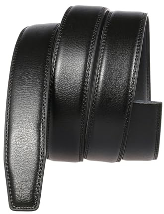 Shuocly Cinturón de cuero negro con hebilla automática con trinquete, cinturón sin hebilla de 3 cm de ancho, Negro, 130