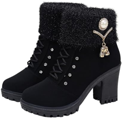 WINDEHAO Stivaletti da donna con tacco spesso e caldo, con tacco in pelliccia, foderati in pelliccia, con lacci, suola a capocorda con cerniera, in pelle scamosciata e strass, Nero , 35 EU