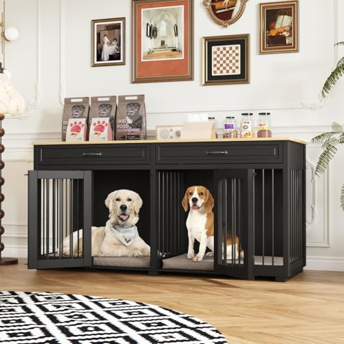 DEZAGCE Large Dog Crate Furniture, Heavy Duty Dogs Cage with Double Doors, Divider, 2 Drawers, Wooden Indoor Puppy Kennel Side Table, 164L x 60W x 80H cm, Black