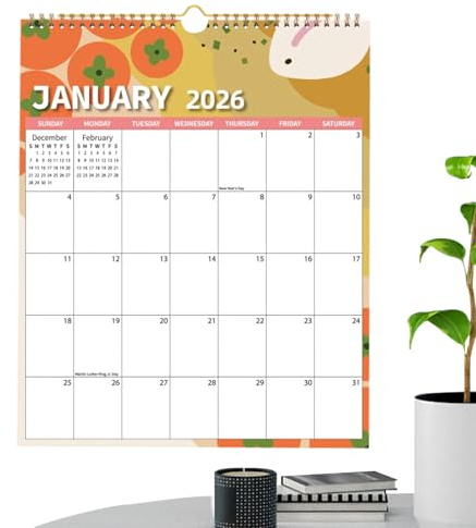 Calendrier 2026 - Papier 37 x 29,5 cm - Planificateur mensuel - Planificateur mural pour agenda, calendrier académique, planification des vacances, bureau à domicile et école - Design feuilles vertes