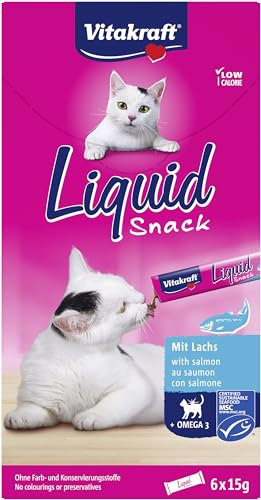 Vitakraft Liquid Snack, Katzen Leckerli, Katzensnack cremig, mit Lachs und Omega 3 Fettsäuren, in einzelnen Sachets, für gesunde Haut (1 Paket mit 6x 15g)