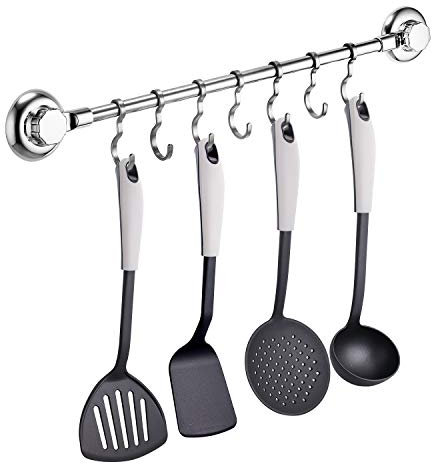 MaxHold Porta Utensili da Cucina con 7 Ganci - Sistema di Vuoto - Portasciugamani con Ventose - Niente Fori Necessari - Acciaio Inossidabile Nessuna Ruggine - Utilizzabile in Bagno e Cucina
