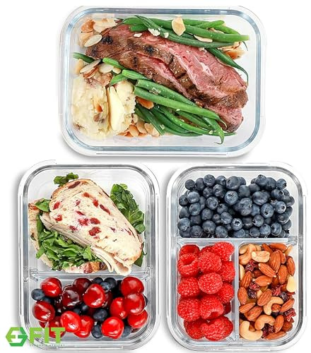 Boîte à repas avec 1 & 2 & 3 Compartiments en verre [3 Packs, 1000 ML] - Contenants de stockage des aliments avec couvercles sans BPA, boîte bento, Gamelle, contrôle des portions, étanche à l'air