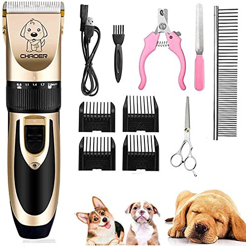 Pet Dog Grooming Clippers - Rechargeable Low Noise Cordless Pet Clippers, Professional Dog Hair Trimmer Grooming Kit with 4 Guide Combs and Cleaning Brush Nail Kits for Dogs Cats Any Animals