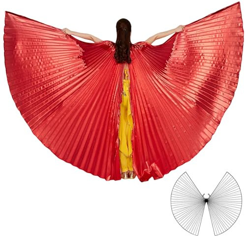 Wuchieal Öffnung Bauchtänzerin Isis Flügel Dancing Requisiten Kostüm mit Stöcke Tasche (Rot, One size)