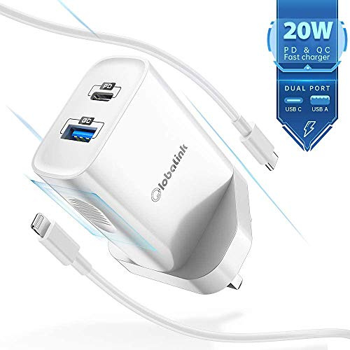 GlobaLink iPhone Fast Charger, 20W 2 Ports USB C Plug Certified with 2M USB-C to Lightning Cable PD3.0 Fast Charging Wall Charger Adapter for iPhone 13 Pro Max, Mini, 12, 11, XS, iPad Pro