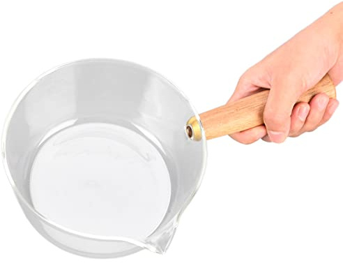 Pot à Lait, Casserole en Verre Transparent Avec Manche en Bois et Bec en Forme de V, Chauffe-Café Au Beurre de Cuisine Pour Cuisinière à Induction et Cuisinière à Gaz(600ml)