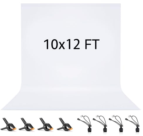 Vevelux 3x3.6M/10x12FT White Backdrop 100% Polyester Photography Background | Foldable Washable White Fabric with 4 Spring Clamps & 4 Anti-Wrinkle Backdrop Clips for Portraits Party Studio Photo Shooting