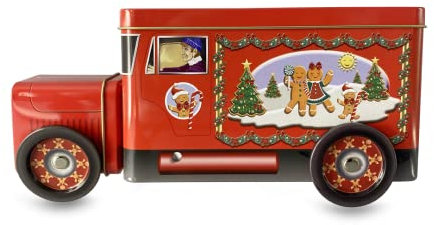 MediMuc Lebkuchen Truck - wunderschöne Vorratsdose - Motiv roter Lieferwagen mit Abbildungen von Lebkuchen und Weihnachtsmotiven - Vol. ca. 1,2l - Maße: (L x B x H): 24,0 x 7,5 x 11,0cm