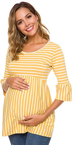 Love2Mi Damen Schwanger Oberteile 3/4 Ärmel Umstandsshirts Streifen Lose Umstandstops Mama Kleidung