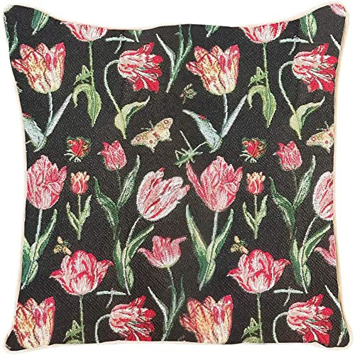 Ulticool - Örngott – tulpaner svarta fjärilsblommor – jacquardtyg – exklusiv kuddfyllning – dekorativ kudde 45 x 45 cm – tillbehör till dekorativa örngott – prydnadskuddöverdrag – soffkudde för dekoration – röd grön