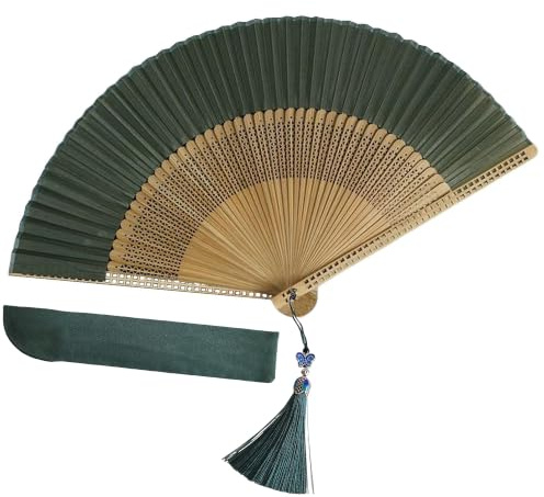 GFM® Bamboo and Silk Handheld Folding Chinese Hand Fan Wood Wooden Fans for Summer, Wedding, Party Favour - Green - (FLSLK-MR-C-F78-GHR-HR)
