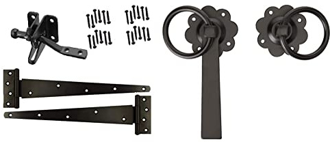 Merriway BH07087 Heavy Duty Wooden Garden Gate Hanging Kit, 2 x 12 inch Black Tee Hinges, Black Auto Close Latch & All Fixings & BH01807 Gate Door Latch Smooth Ring, 150mm (6 inch) -Black Japanned
