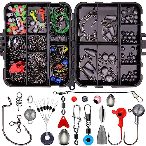 Topyond 257 Pezzi Kit di Attrezzatura Terminale,Accessori da Pesca Portatili con Scatola Per Attrezzatura Kit di Amo da Pesca Anti Avvolgimento Accessori Canna Valigetta Per Esterno (Nero)
